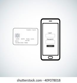 Mobile phone payment with credit or debit card vector sign, pay online via internet icon, shopping payment symbol, mobile banking