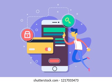 Mobile phone payment icon in flat style. The internet store, online shop, web buying and paying. Smartphone currency Design elements.