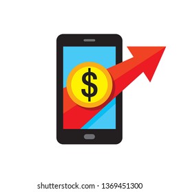 Mobile phone payment icon in flat style. Digital money dollar - vector logo template illustration. Smartphone currency - creative sign. Arrow red. Design element.