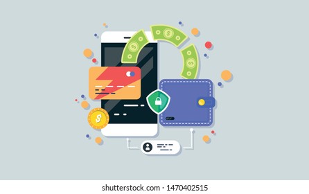 Mobile phone payment icon in flat style. The internet store, online shop, web buying and paying. Smartphone currency Design elements.