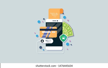 Mobile phone payment icon in flat style. The internet store, online shop, web buying and paying. Smartphone currency Design elements.