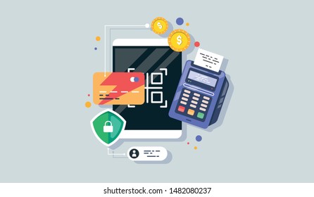 Mobile phone payment icon in flat style. The internet store, online shop, web buying and paying. Smartphone currency Design elements.