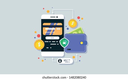Mobile phone payment icon in flat style. The internet store, online shop, web buying and paying. Smartphone currency Design elements.