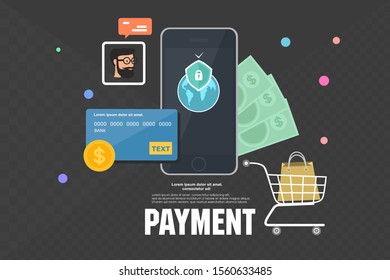 Mobile phone payment icon in flat style. The internet store, online shop, web buying and paying. Smartphone currency