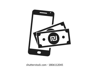mobile phone payment icon. israeli sheqel bill on smart phone. nfc payment and e wallet. financial symbols for web design