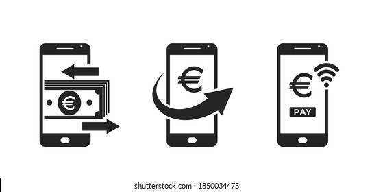 mobile phone payment icon set. smartphone and euro sign. financial, nfc payment and mobile money transfer symbols for web design