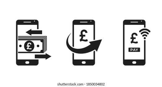 mobile phone payment icon set. smartphone and british pound sterling sign. financial, nfc payment and mobile money transfer symbols for web design