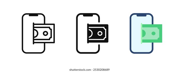 Icono de pago de teléfono móvil. Símbolo de pago de recarga. Signo de banca en línea. Smartphone con billete de dólar sobresaliendo Ilustración vectorial. Pictograma de transacción en línea. Teléfono Completar compra de efectivo concepto aislado.