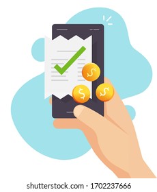 Contabilidad de pago de teléfonos móviles y facturación de recibos con dinero o smartphone transacción de pago en efectivo vector ilustración de caricaturas planas, proceso de pago de teléfonos celulares, concepto de pago por teléfono celular