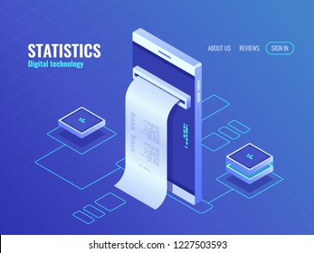 Mobile phone with payroll isometric icon, data on screen of smartphone, concept of data processing application 3d vector top view Mobile phone with payroll isometric icon, data on screen of smartphone, concept of data processing application 3d vector top view