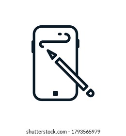 Mobile phone with pen outline icons. Vector illustration. Editable stroke. Isolated icon suitable for web, infographics, interface and apps.