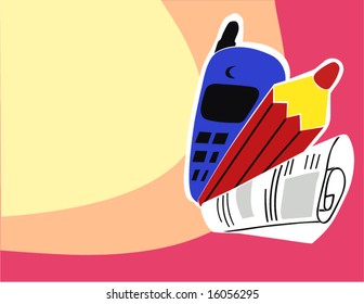 Mobile phone, pencil and the newspaper on a color background