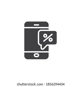 Mobiltelefon mit prozentualem Nachrichtenvektorsymbol. volles Flachzeichen für mobiles Konzept und Webdesign. Online-Rabatt bieten Glyph-Symbol. Symbol, Logo-Abbildung. Vektorgrafik