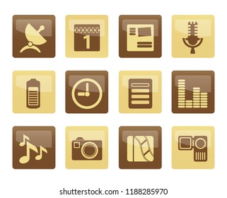 Mobile phone performance icons over brown background - vector icon set