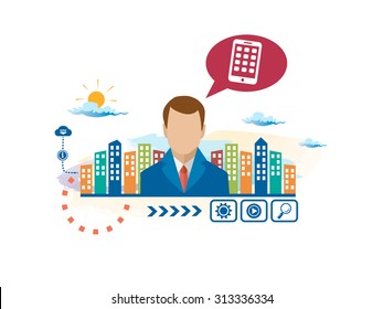 Mobile phone and person with bubbles for dialogue. Think and decide. Concept for business.