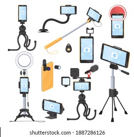 Mobile phone photo and video accessories, flat vector illustration. Smartphone holder, lenses, camera attachments. Selfie stick tripod, monopod. Smartphone photography and video equipment.