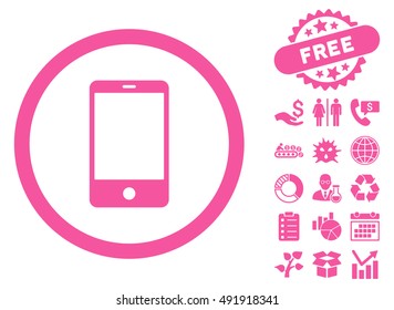 Mobile Phone pictograph with free bonus clip art. Vector illustration style is flat iconic symbols, pink color, white background.