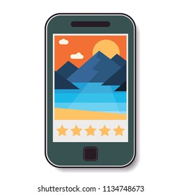 Mobile phone with a picture rated by five stars. Vector illustration
