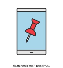 Mobile phone with pin color icon. Attach file. Isolated vector illustration