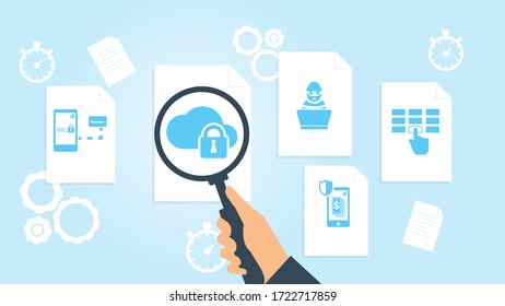 Mobiltelefon, Pin-Datei, Dokumentforschung, Vektorgrafik. Dokument mit Suchsymbolen. Datei und Vergrößerungsglas. Forschungszeichen für Analytik Vektorgrafik