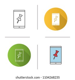 Mobile phone with pin icon. Attach file. Flat design, linear and color styles. Isolated vector illustrations