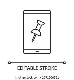 Mobile phone with pin linear icon. Thin line illustration. Attach file. Contour symbol. Vector isolated outline drawing. Editable stroke