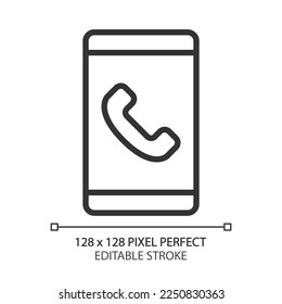 Icono lineal perfecto del píxel de teléfono móvil. Servicio de telecomunicaciones. Proveedor de llamadas móviles. Llamadas por Smartphone. Ilustración de línea delgada. Símbolo de contorno. Dibujo del contorno del vector. Trazo editable