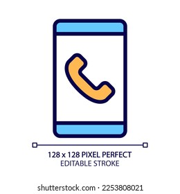 Mobile phone pixel perfect RGB color icon. Telecommunication service. Mobile calling provider. Smartphone dialing. Isolated vector illustration. Simple filled line drawing. Editable stroke