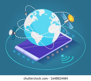 Mobile phone as platform for planet with lines and satellites. Orbits around globe with spaceships. Cellular communication and connection. Internet service or network worldwide, vector isometric