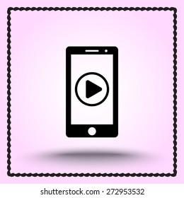 Mobile phone with play button sign icon, vector illustration. Flat design style