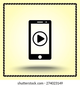 Mobile phone with play button sign icon, vector illustration. Flat design style