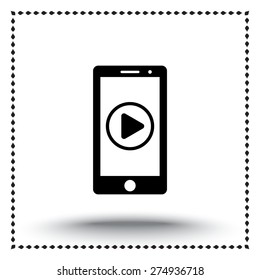 Mobile phone with play button sign icon, vector illustration. Flat design style