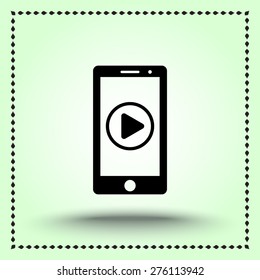 Mobile phone with play button sign icon, vector illustration. Flat design style