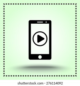 Mobile phone with play button sign icon, vector illustration. Flat design style
