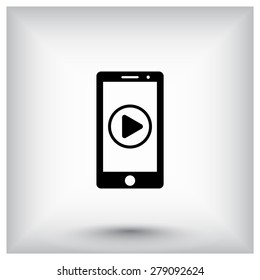 Mobile phone with play button sign icon, vector illustration. Flat design style