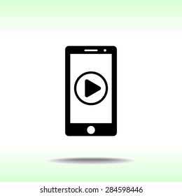 Mobile phone with play button sign icon, vector illustration. Flat design style