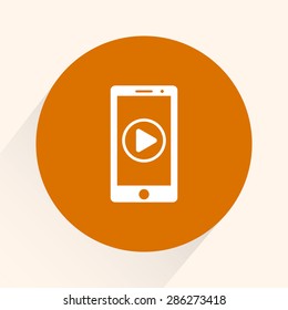 Mobile phone with play button sign icon, vector illustration. Flat design style