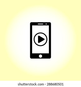 Mobile phone with play button sign icon, vector illustration. Flat design style