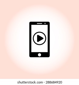 Mobile phone with play button sign icon, vector illustration. Flat design style