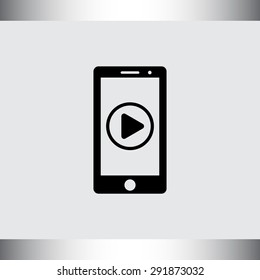 Mobile phone with play button sign icon, vector illustration. Flat design style