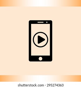 Mobile phone with play button sign icon, vector illustration. Flat design style