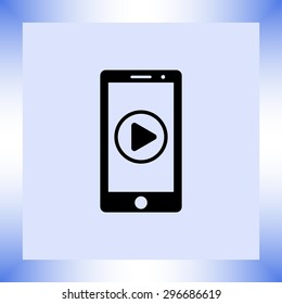 Mobile phone with play button sign icon, vector illustration. Flat design style