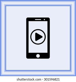 Mobile phone with play button sign icon, vector illustration. Flat design style