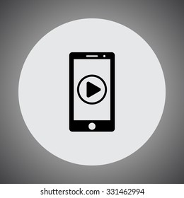 Mobile phone with play button sign icon, vector illustration. Flat design style