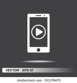 Mobile phone with play button sign icon, vector illustration. Flat design style