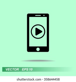 Mobile phone with play button sign icon, vector illustration. Flat design style