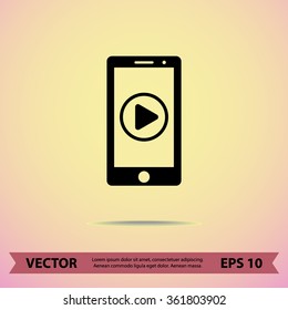 Mobile phone with play button sign icon, vector illustration. Flat design style
