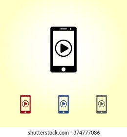 Mobile phone with play button sign icon, vector illustration. Flat design style