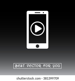 Mobile phone with play button sign icon, vector illustration. Flat design style