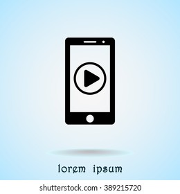 Mobile phone with play button sign icon, vector illustration. Flat design style